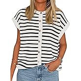 Cicy Bell Womens Striped Cap Sleeve Sweater Vest Crew Neck Button Down Cardigan Cute Knit Tops
