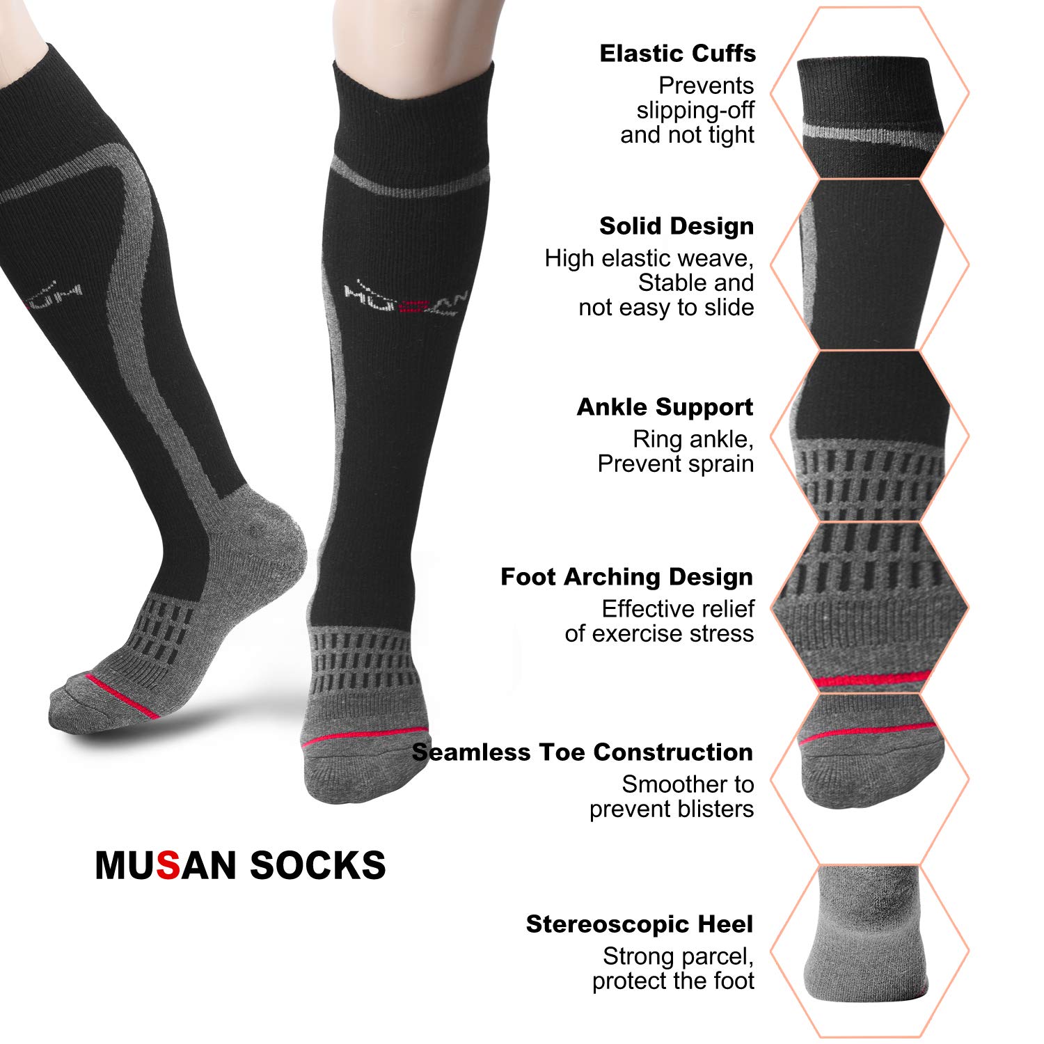 MUSAN Wool Ski Socks,Extra Warm Knee High Performance Snow Skiing