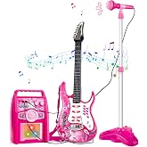 deAO Kids Electric Musical Guitar Toy Set with Mic &amp; Amp,Lights &amp; Sounds | 3-in-1 Music Kit, Adjustable Heigh Mic Stand,AUX Input &amp; 6 Demo Songs,Music Role Play Gift for Kids 3+