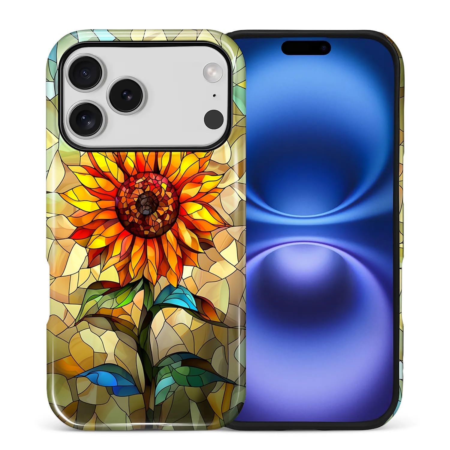 Yesad Case for iPhone 17 Pro, Hybrid 2-Layer Case, Shockproof Military-Grade Protection Durable Anti-Scratch Phone Case for Woman Man Boy Girl, Stained Glass Sunflower