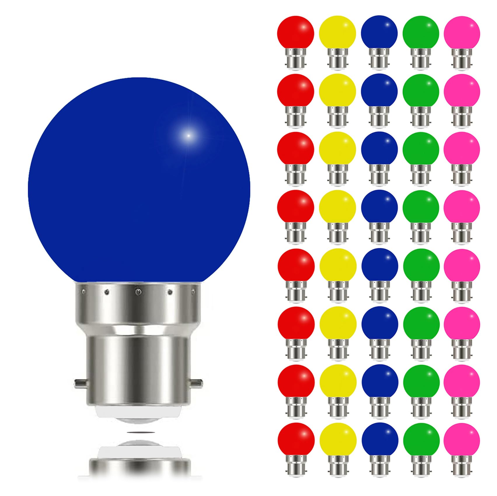 MAYCOLOR 40 Pack Coloured Light Bulbs Bayonet B22 3W, Not dimmable, Garden Light Bulb, Multicoloured Bulb for Outdoor Indoor String Wedding Party Bar Mood Ambiance Decor (Red Yellow Blue Green Pink)
