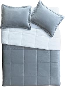 VCNY Home Micro Mink Reversible 3-Piece Warm Sherpa Comforter Set, Queen, Grey