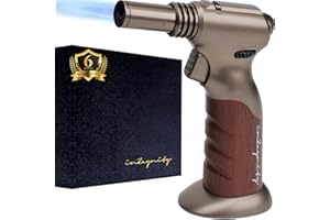 Dual Flame Butane Torch - Refillable Handheld Blow Torch for Cooking, Soldering, & Resin Art w/Adjustable Flame & Ignition Lock - Kitchen Blow Torch & Luxurious Gift Box by inZaynity - Brown Steel