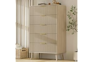 BAZELOR Fluted 5 Drawers Dresser, 45" Tall Modern Chest of Drawers with Curved Profile Design and Metal Handle, Wood Drawer O
