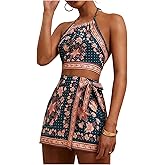 MakeMeChic Women's Boho 2 Piece Outfit Halter Backless Crop Tops and Wrap Skirt Skorts Travel Vacation Summer Set