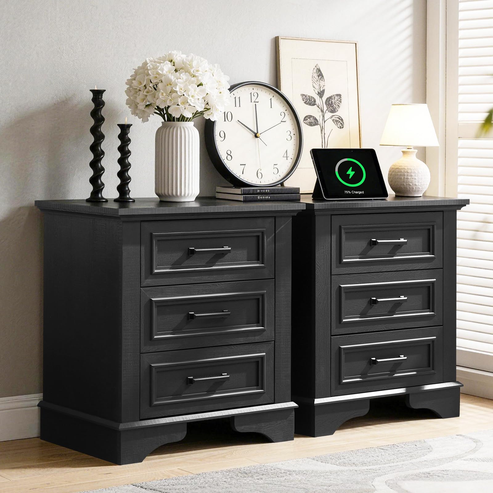 Photo 1 of ***PARTIAL SET***01 BOX OF 02***22-Inch Wide Modern Nightstands Set of 2 with Charging Station, End Tables with 3 Large Drawers, Simple Design Bedside Table for Bedroom and Office,Black
