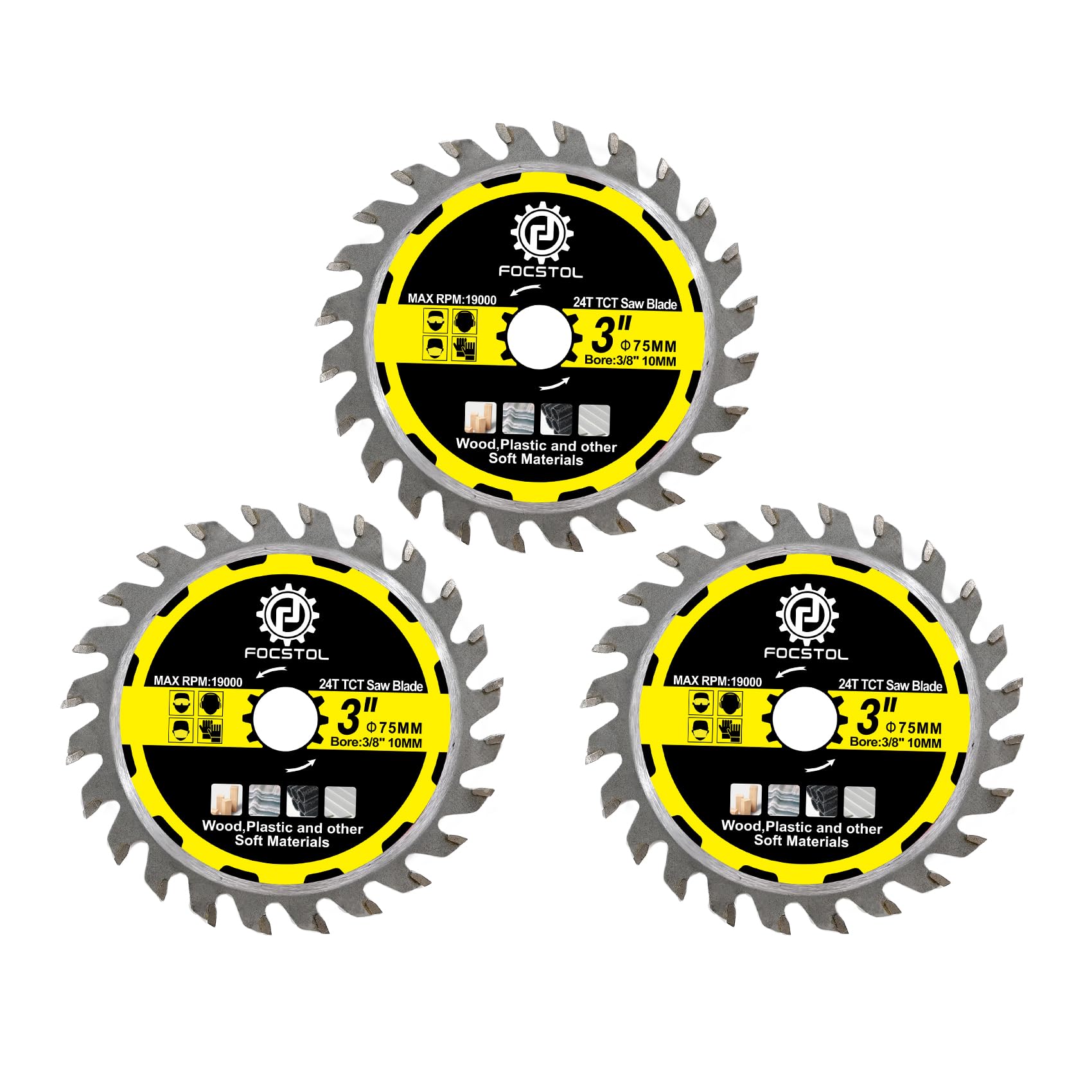 FOCSTOL TCT Wood Cutting Blade - 3pcs 75mm Wood Cutting Circular Saw Blade for Plastic for Angle Grinder Arbor 10mm