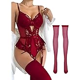 Lilosy Sexy Stocking Lace Mesh Bodysuit Top Underwire Garter Lingerie Set 3 Piece