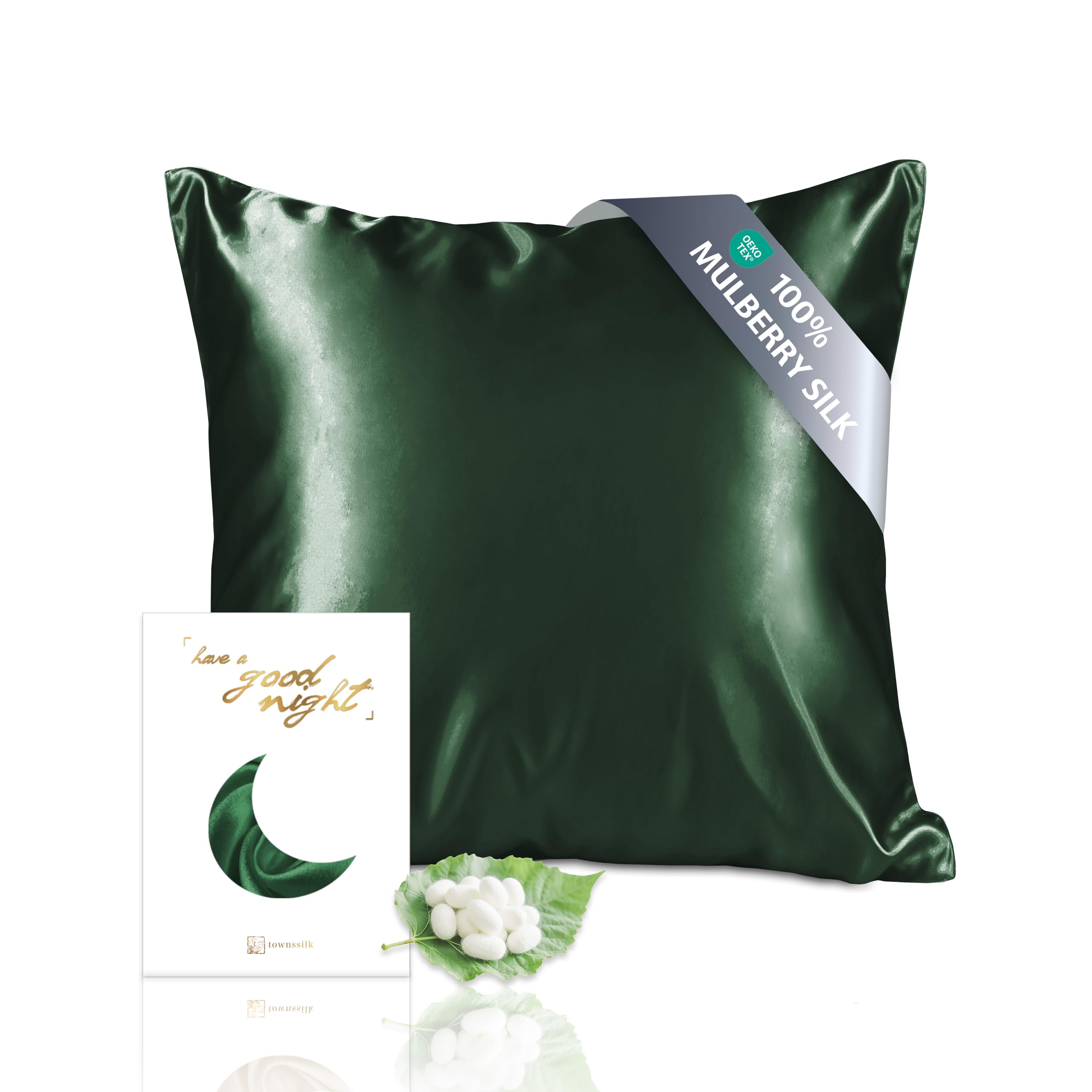 townssilk Both Side 100% 19mm Pure Mulberry Silk Pillowcase for Hair and Skin Health, 80x80cm size Pillow Case Cushion Cover with Hidden Zipper 600 Thread Count Emerald — image 1