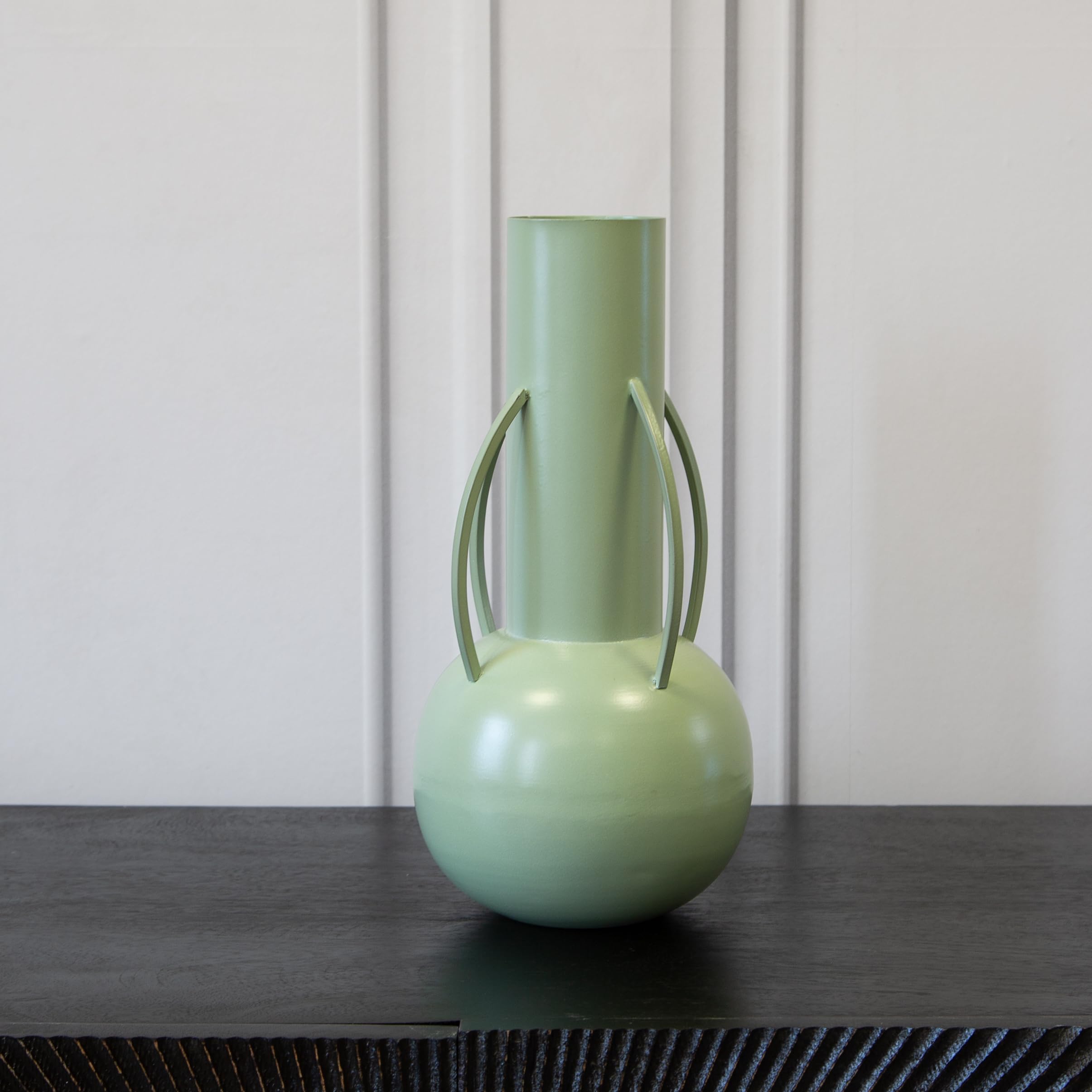 Sage Green Eclectic Modern Decorative Glossy Roman Vases, Metal Powder Coated Finish, Vase With Handle - For Home Decor, Living Room, Bedroom Or Conservatory