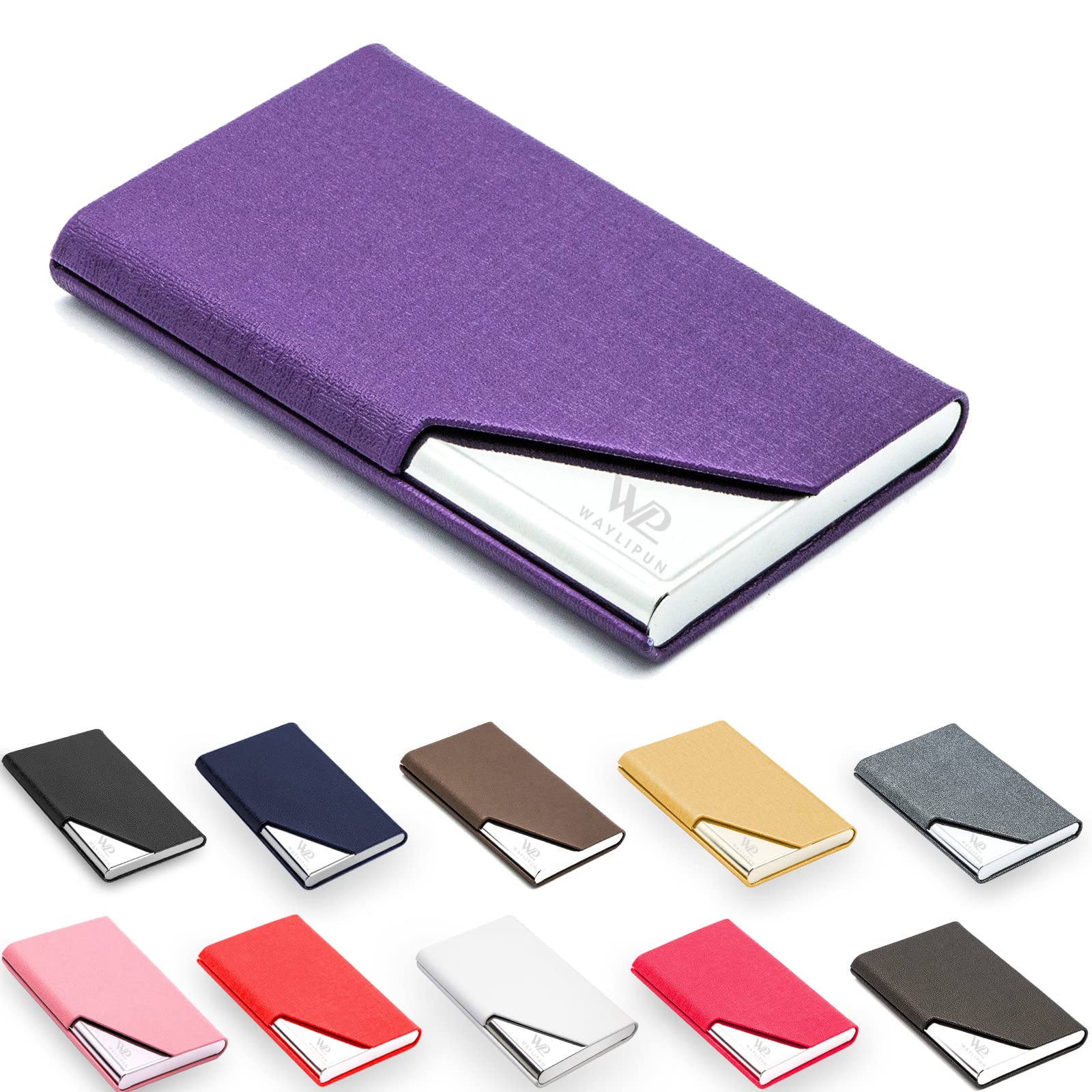 Waylipun Business Card Holder, Professional PU Leather & Stainless Steel Business Name Card Case, Keep Business Cards in Immaculate Condition, Slim Metal Pocket Card Holder with Magnetic Shut(Purple)
