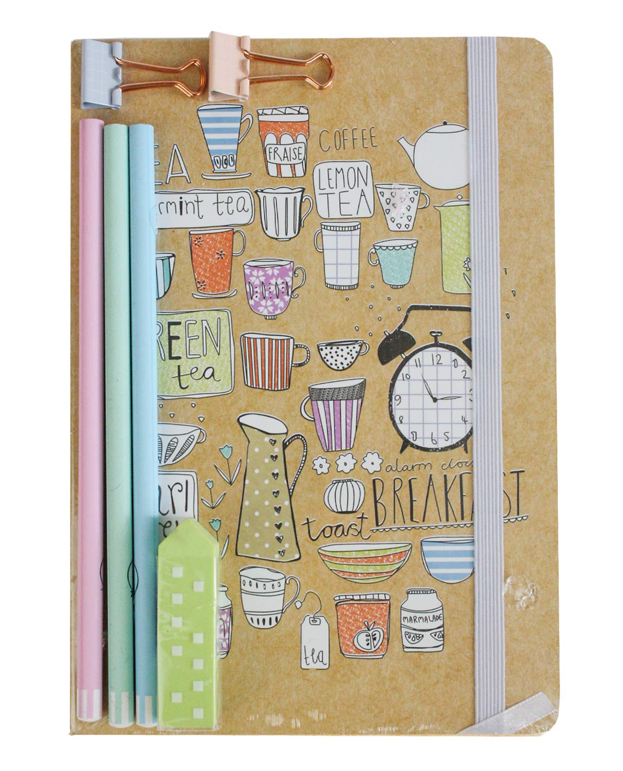 Emartbuy Cups Theme A5 Notebook Gift Set with Eraser Pencils Binder Clips Stationery Kit for Girls Women School Office Use
