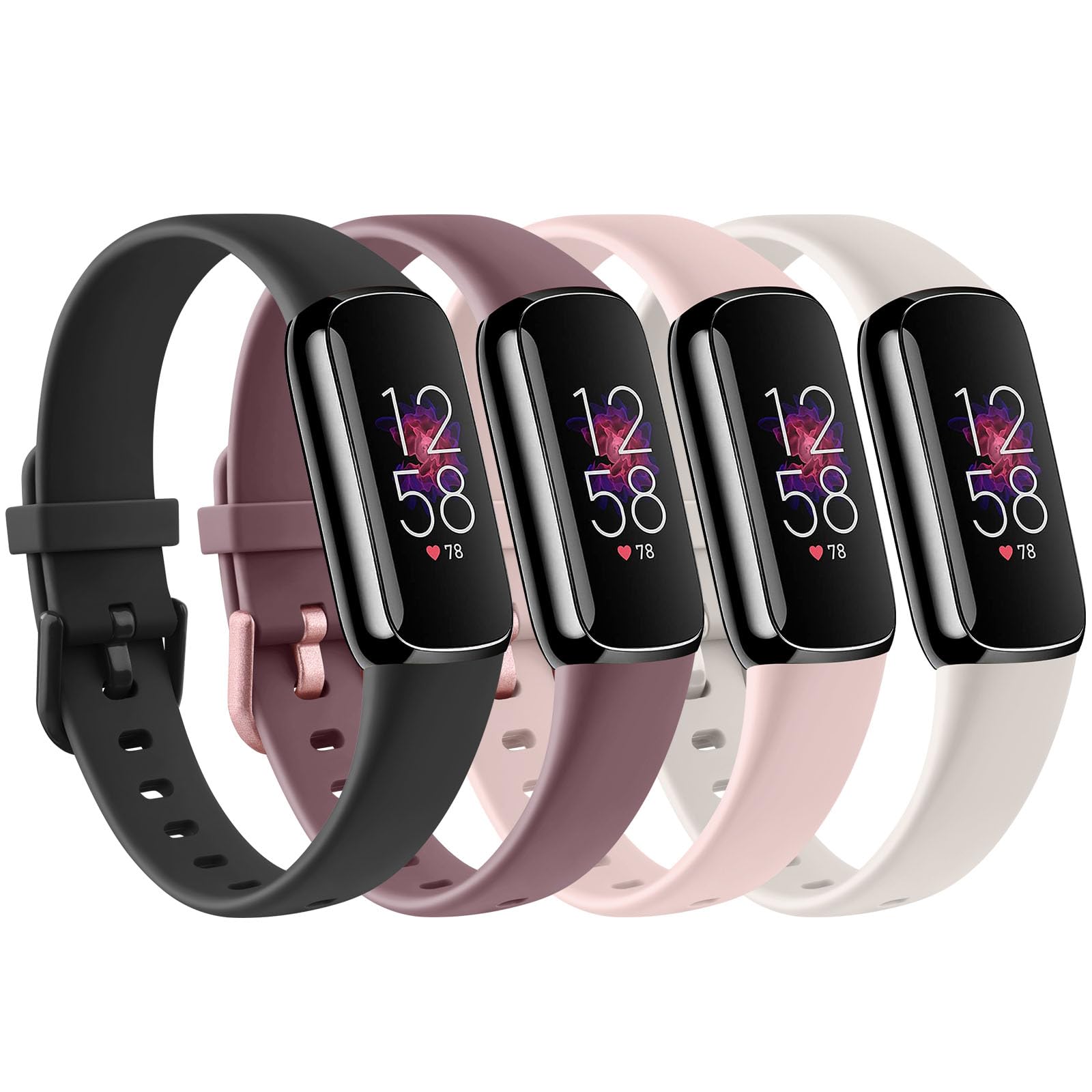 AK Straps Compatible with Fitbit Luxe Strap for Women Men, Pack 4 Soft Silicone Adjustable Sport Replacement Wrist Bands for Fitbit Luxe Only (Small, Black/Violet Smoke/Starlight/Nude Pink) — image 1