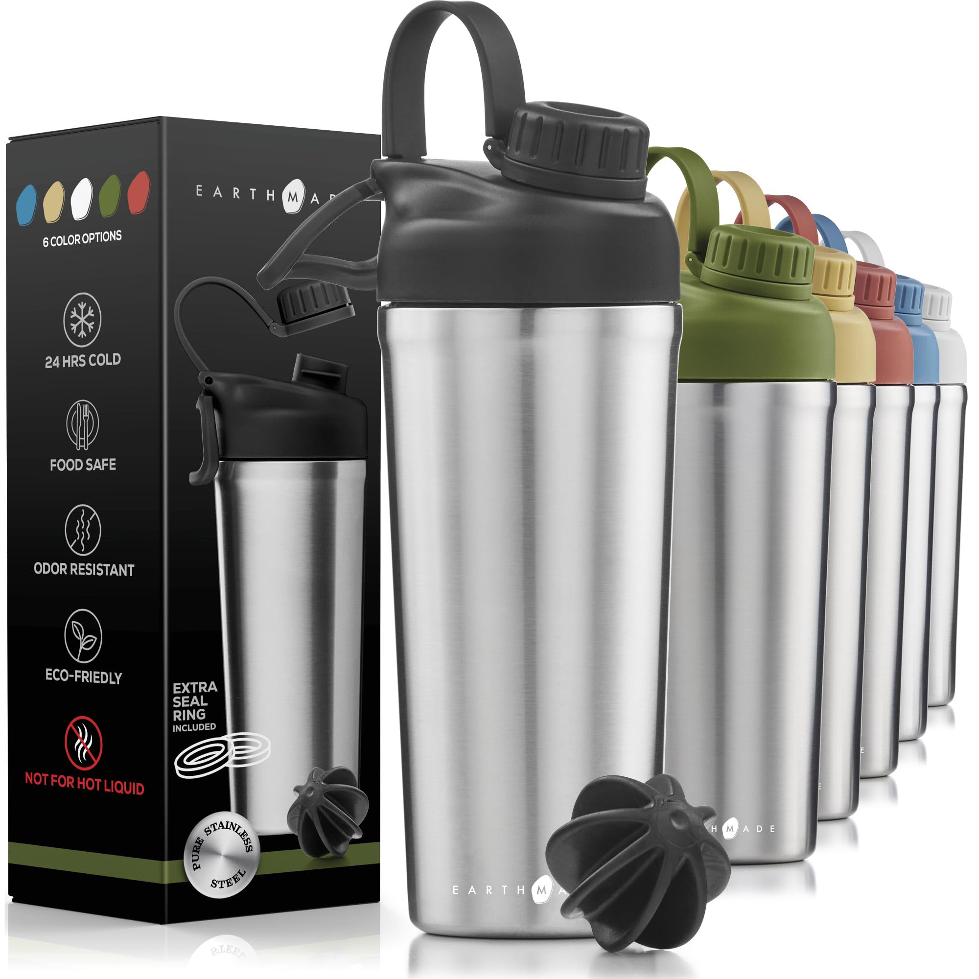 Photo 1 of Earthmade Protein Shaker Bottle Stainless Steel, 26 oz Insulated Shaker Bottles for Protein Mixes Keeps COLD for 30 hours, ADDED 2 Extra Ring Guards/Leakproof