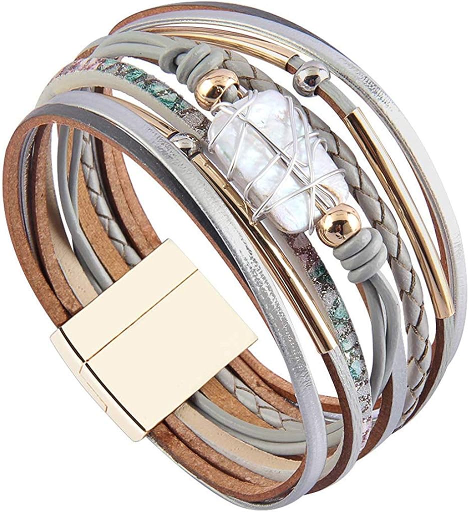Fesciory Leopard Bracelet for Women Wrap Multi-Layer Leather Bracelet Magnetic Clasp Cuff Bangle Jewelry(Gray Leather(Pearl)): Clothing