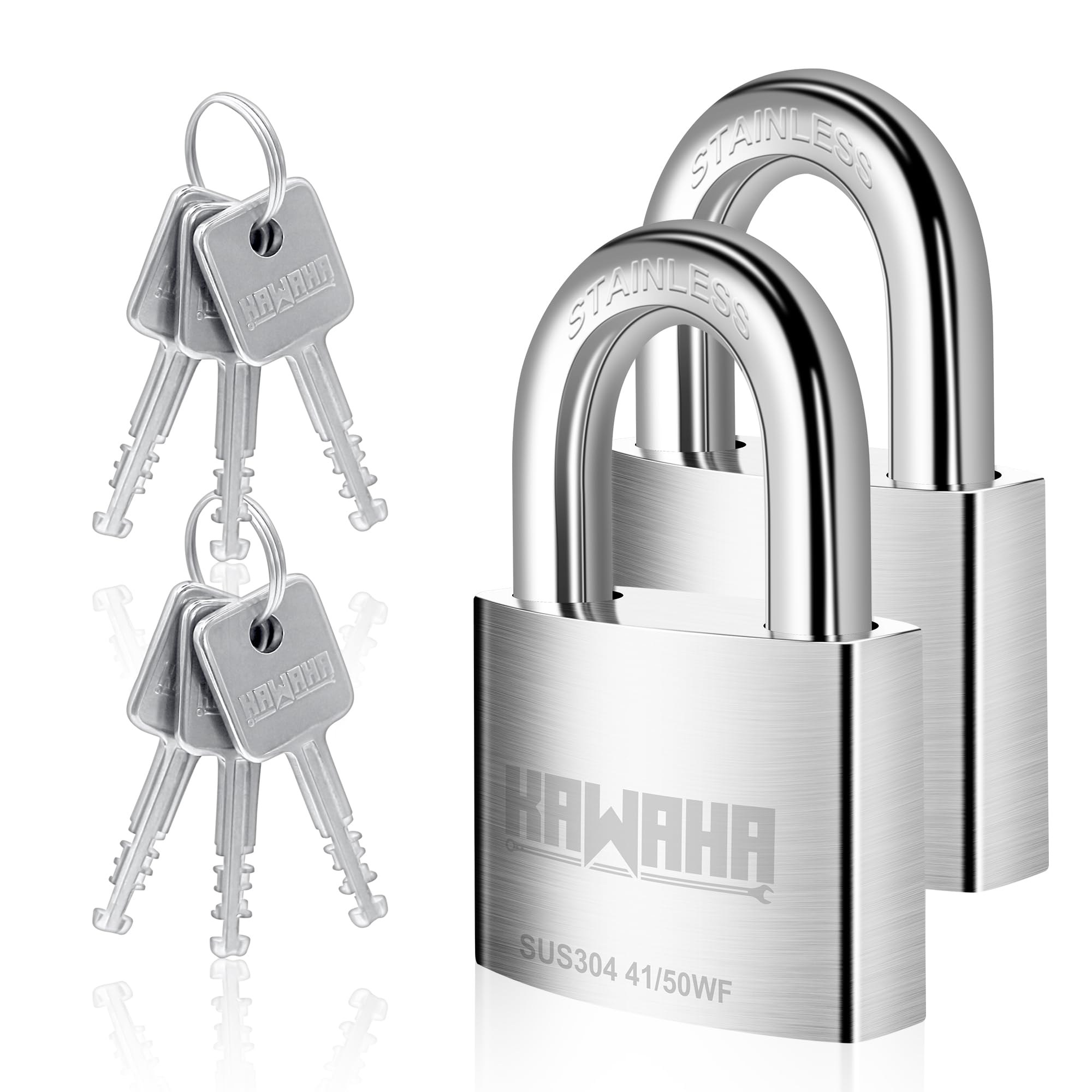 KAWAHA 41/50-2PS 2" (50mm) High Security Stainless Steel Padlock, Keyed Alike, Anti-Rust, Heavy Duty (2 Pack)