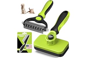 AUGWIND 3PCS Self Cleaning Slicker Brush & Pet Grooming Rake & Bath Brush for Dogs,Cats and Horses | Double-Sided Dematting Comb & Skin Friendly Deshedding Grooming Tool (J-Green Black)