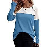 Zeagoo Women Waffle Knit Shirts Long Sleeve Colorblock Tee Button Detail Tunics