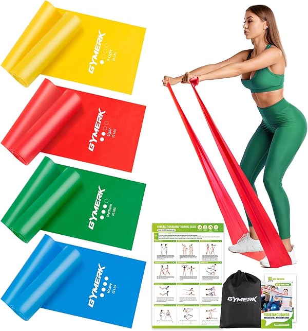 GYMERK Fitnessbänder Set 4er, 1.8M/2M Fitnessband, 4 Widerstandsstufen mit Übungsposter, Gymnastikband mit Tragetasche & Übungsanleitung, Ideal für Yoga, Pilates, Muskelaufbau