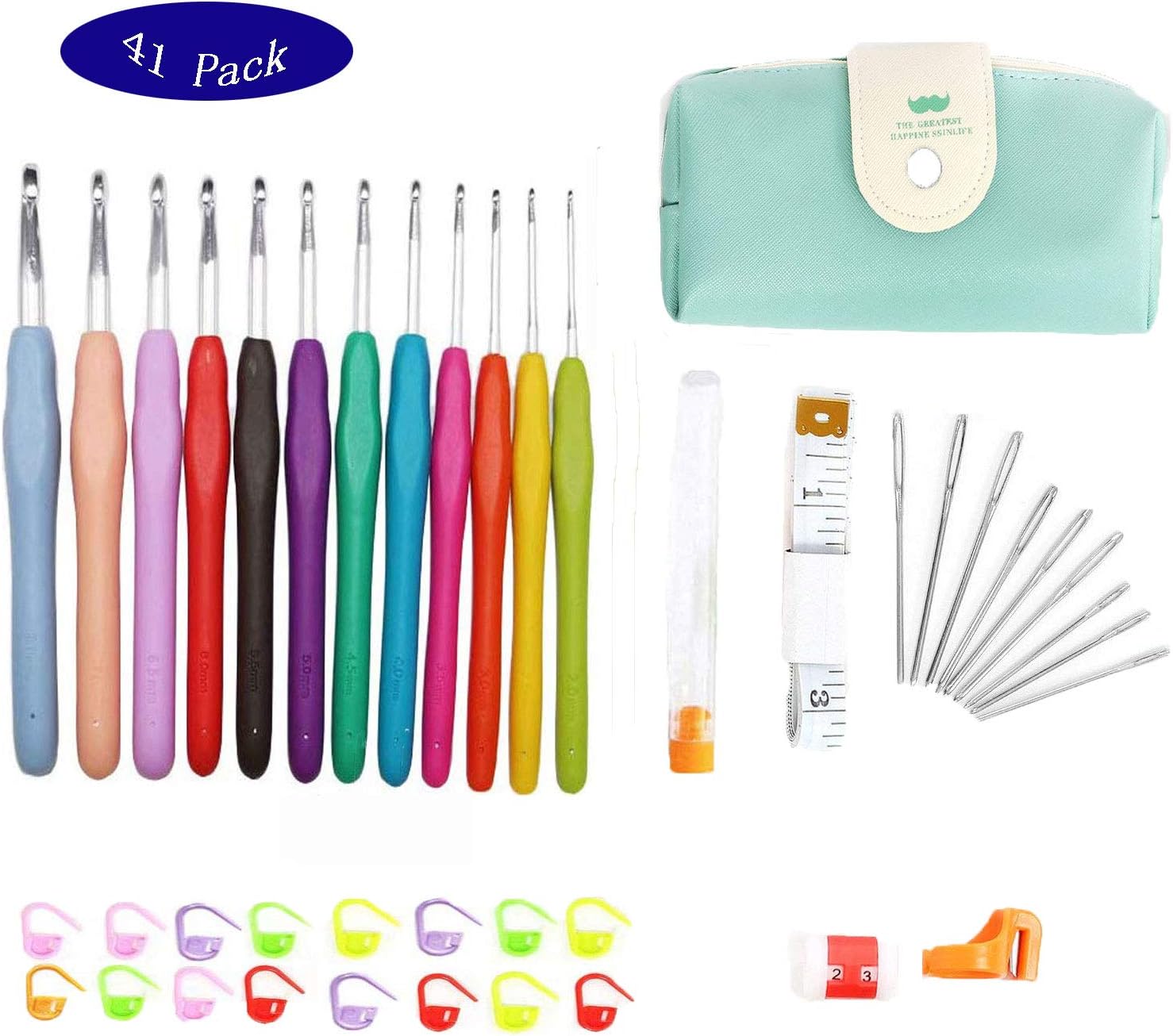 41 Pack Accessories Tools with Case,Aluminum Knitting Needle,Ergonomic Handle Crochet Hooks For Adults Beginners , Standard, 2mm-8mm