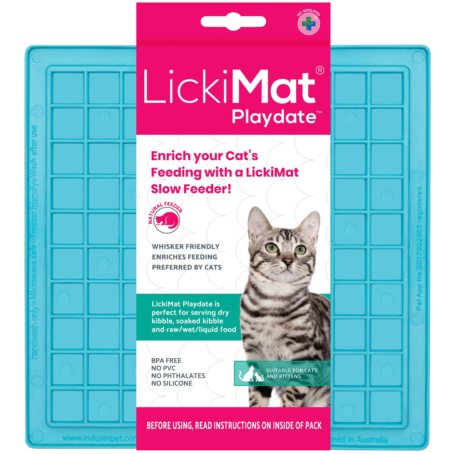 LICKIMAT Classic Playdate Cat Slow Feeders Lick Mat, Boredom Anxiety Reducer; Perfect for Food, Treats, Yogurt, or Peanut Butter. Fun Alternative to a Slow Feed Cat Bowl or Dish, Turquoise