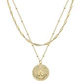 LOLAR RAY Layered Initial Necklace Set Gold Coin Disc CZ Initial Pendant 14K Gold Plated Dainty Water Ripple Link Chain Choker Necklace Personalized Jewelry Gift for Women Letter W