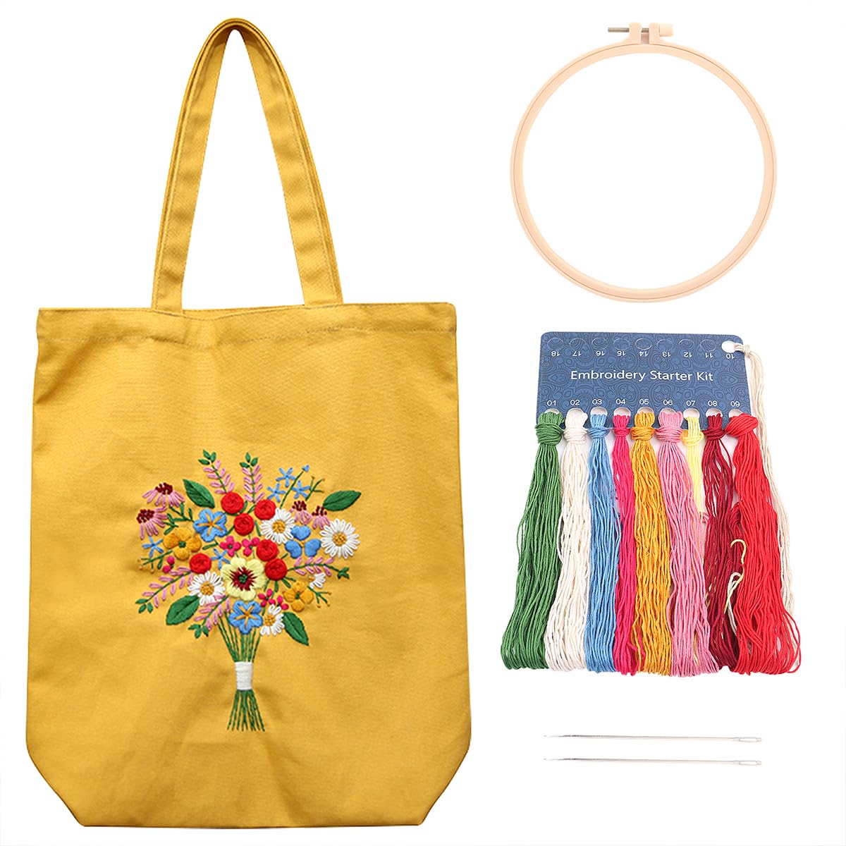 Canvas Tote Bag Embroidery Kit for Beginners Adults, Stamped Embroidery Starter Kits with Flower Pattern, Arts DIY Crafts Cross Stitch Canvas Bag with Hoop Needles Color Threads Instruction, Yellow