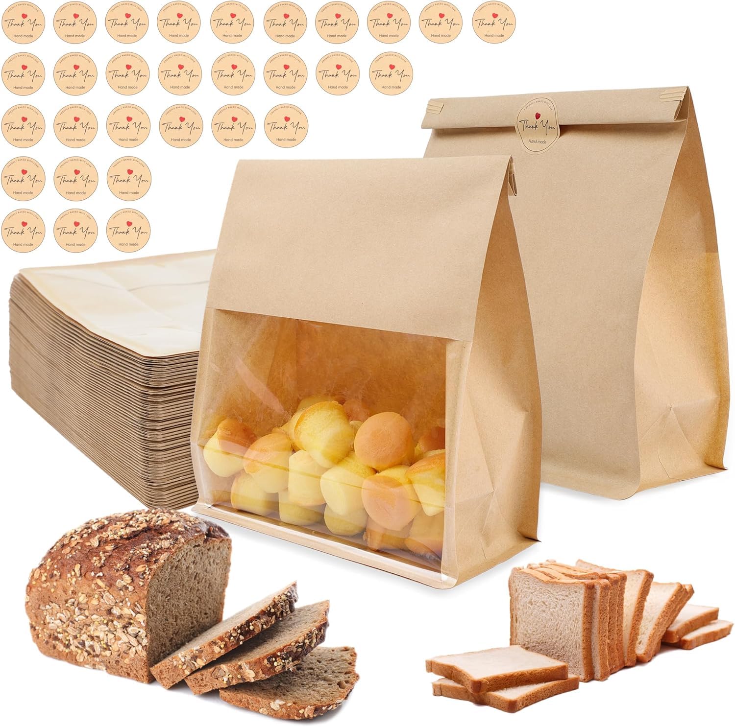 Photo 1 of 25 Pack Paper Bread Bags for Homemade Bread with Tin Tie Tab Lock, Sourdough bread bags with Window, Large Bakery Bags for Storage Cookies, 35 Cute Seal Stickers with Ties(11x8.7x4.3 inch)