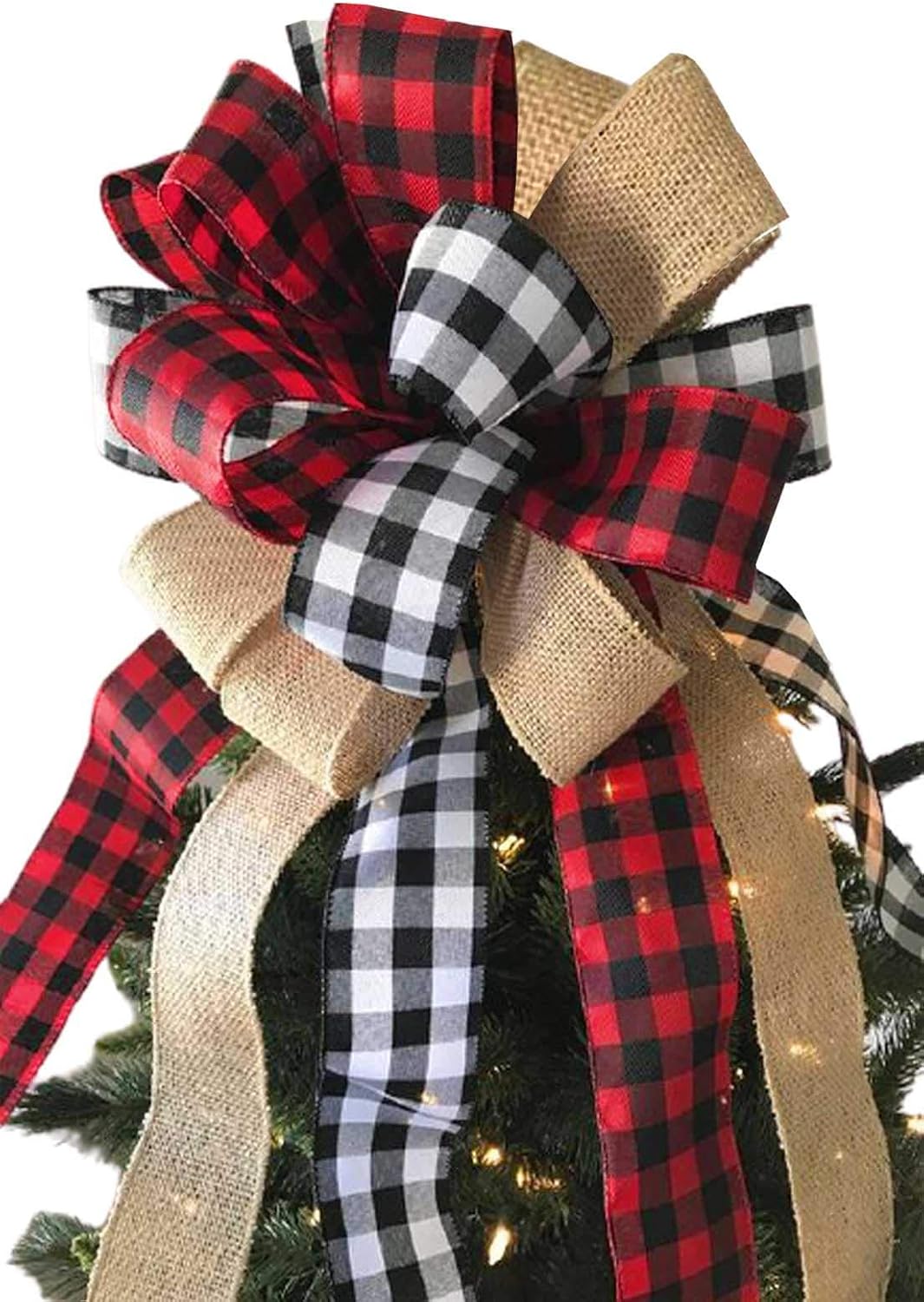 Tree Toppers - Christmas Tree Topper Large Buffalo Plaid Burlap Red and Black Gift Bow for Xmas Tree Handmade Holiday Party Decorations-13 x 17 Inch