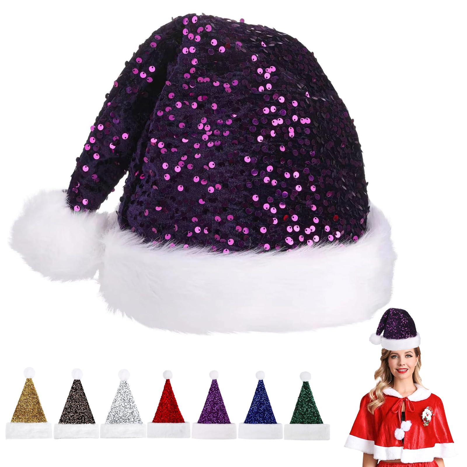 Sequin Christmas Hats Santa Hat for Adults,Deluxe Velvet Xmas Santa Claus Hat,Unisex Velvet Comfort Christmas Party Hats Thicken Classic Fur for New Year Festive Christmas Party Supplies(Purple)
