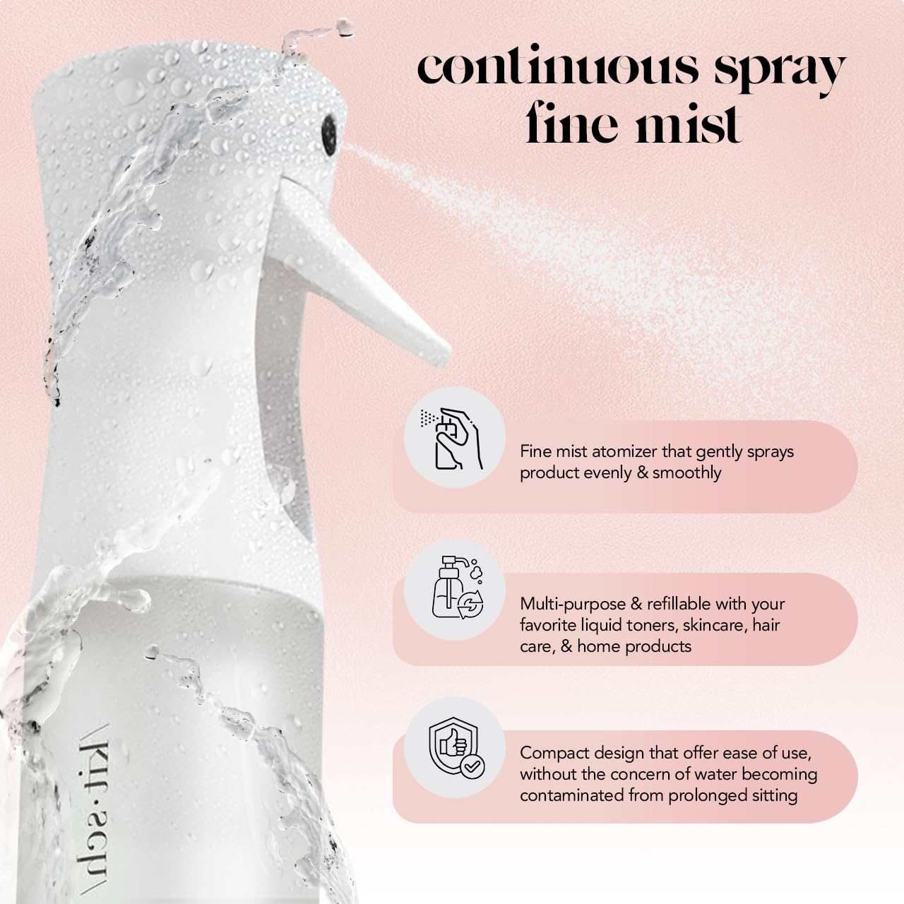 Kitsch Continuous Spray Bottle for Hair – Fine Mist Water Mister & Water Spray Bottle – Recycled Hair Spray Bottle – Spray Bottles for Cleaning, Styling, Plants & More – White, 150ml
