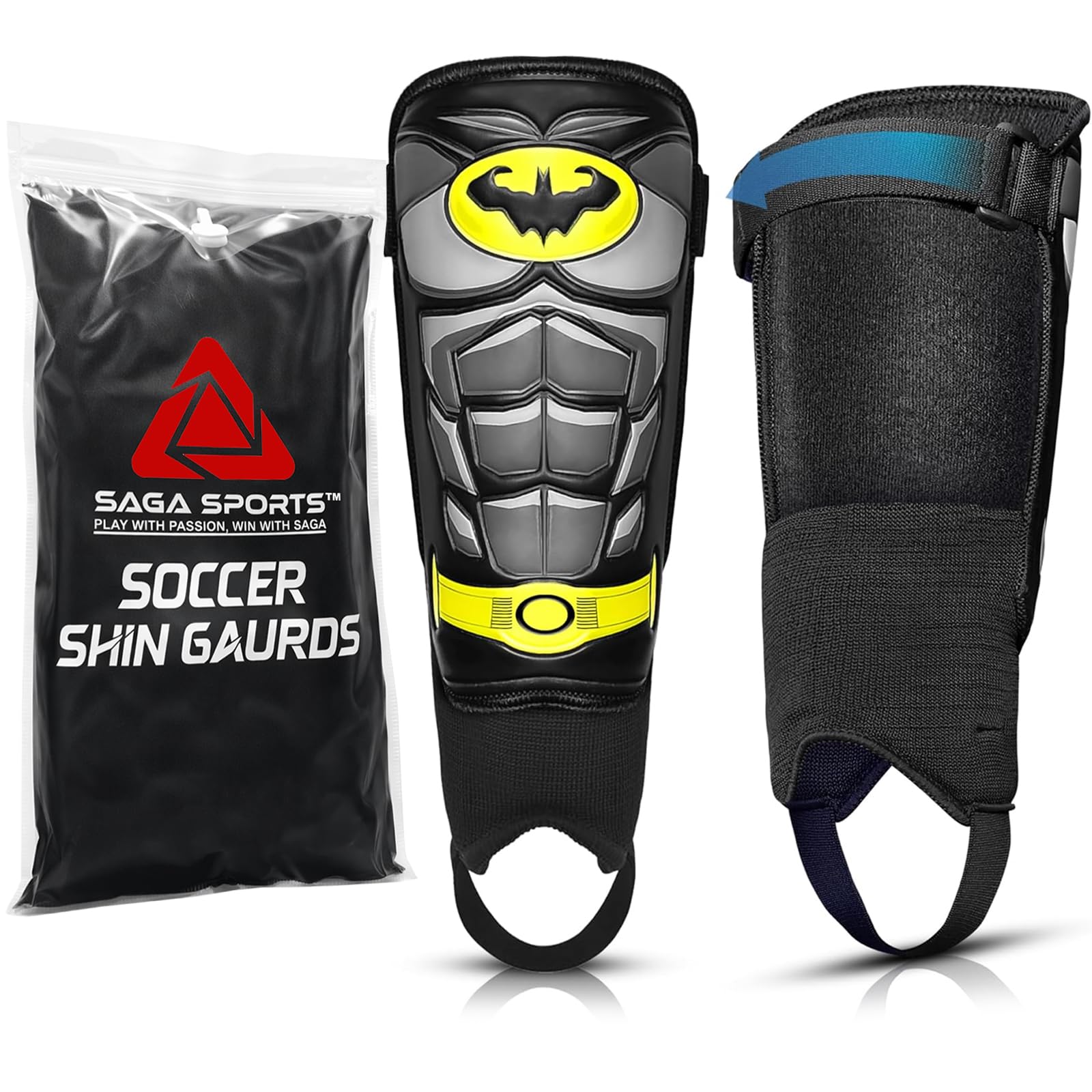SAGA SPORTS Football Shin Pads Boys – Lightweight with Elastic Strap – Kids Shin Pads with EVA Cushion – Comfortable Shin Guards & Impact Protection for Boys Girls Age 3-10+