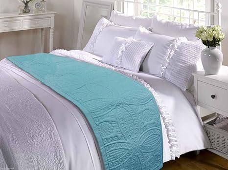 Hotel Quality Luxury Long Etched Mosaic Bed Runner Duck Egg Blue 45 X 220cm 18 X 87