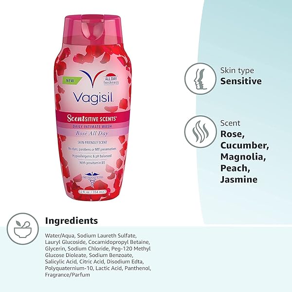 VAGISIL FEMININE WASH FOR INTIMATE AREA HYGIENE, SCENTSITIVE SCENTS, PH BALANCED AND GYNECOLOGIST TESTED, ROSE ALL DAY, 12 OZ (PACK OF 3)