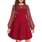 Arshiner Girl's Contrast Mesh Puff Long Sleeve High Waist A Line Short Dress with Pockets for 6-13 Years