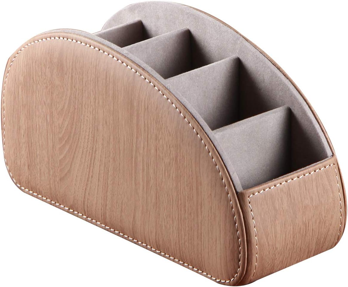 TV Remote Control Holder with 5 Compartments,Pu Leather Remote Caddy/Box/Tray Bedside Table Desk Storage Organizer for DVD, Blu-Ray, Media Player, Heater Controllers and Cosmetics Office Supplies (WOOD): Home Improvement