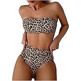 MakeMeChic Women's 2 Piece Bikini Sets Leopard Print Bandeau Wireless Bathing Suit High Waist Strapless Swimsuit