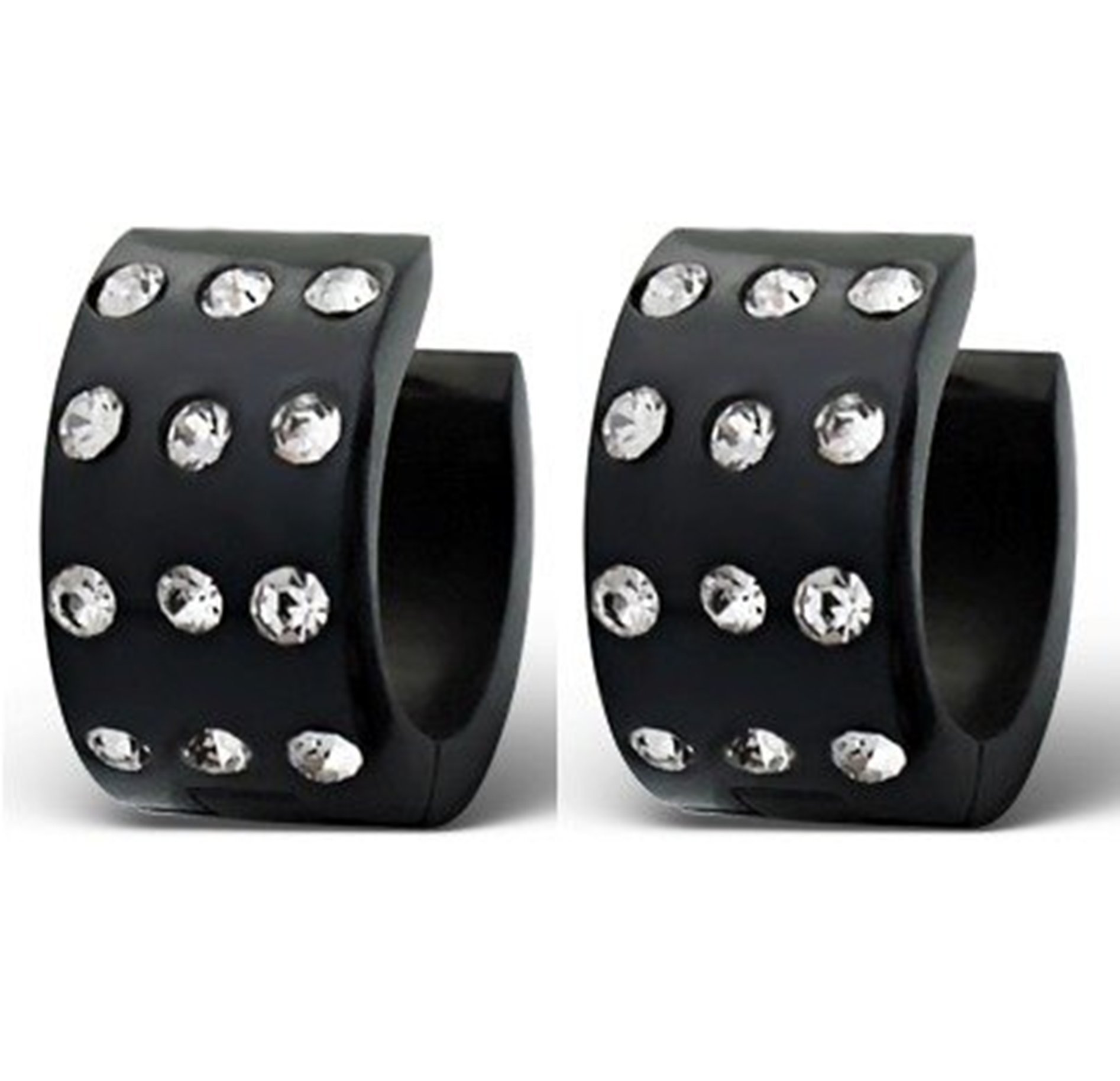 Black Hoops Huggie Earrings with Crystal Stones - Stainless Steel