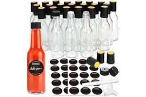 GM GMISUN GMISUN Mini Hot Sauce Bottles 5 oz, 24 Pack Glass Woozy Bottles with Shrink Capsules, Mini Wine Bottles with Labels, Funnel, Caps, Dripper Inserts, for Homemade Hot Sauces, Dressing