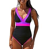 popvil One Piece Swimsuit Women 2025 Tummy Control Neon Color Block Bathing Suit Deep Vneck Tie Back Swim Suits Beach