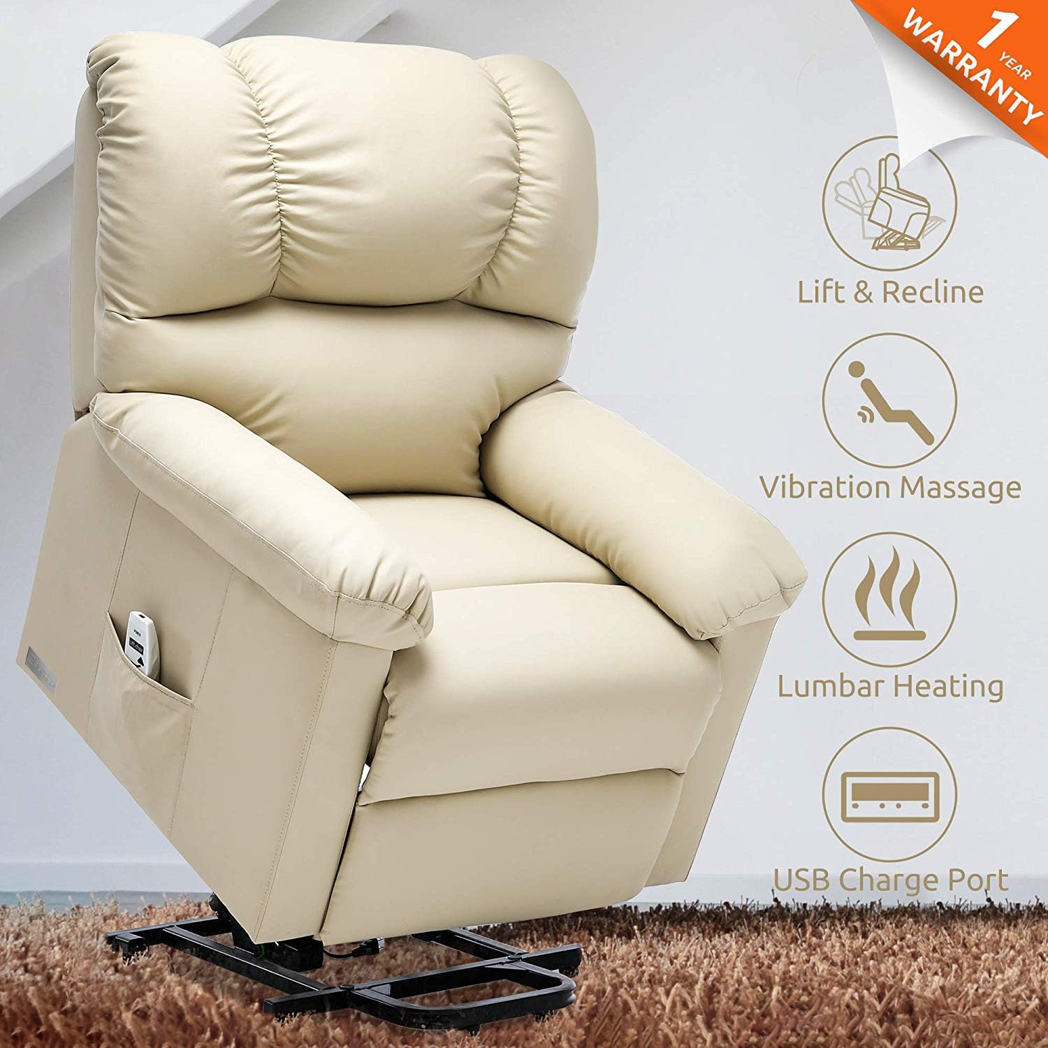 Electric Lift Recliner for Elderly Power Lift Chairs with Heat and Massage Lift Reclining Chair PU Leather with USB Port & Side Pocket (Beige)