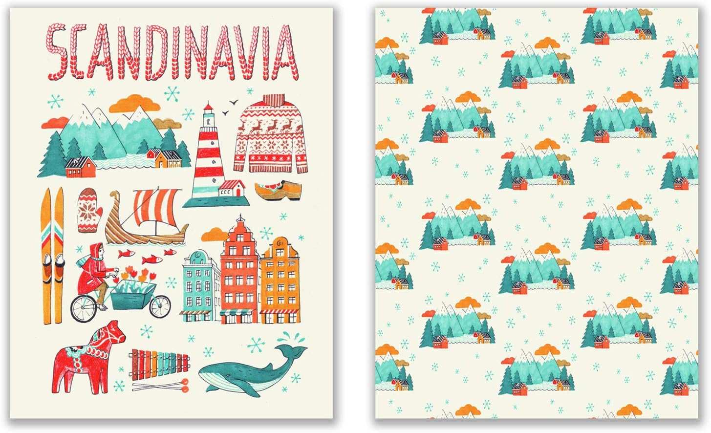 Scandinavian Travel Art Prints - Set of 2 (11x14) Inches Folk Art Hygge Swedish Danish Norse Finnish Wall Art Decor Minimalist Contemporary - Whale - Mountains - Sweaters - Longship
