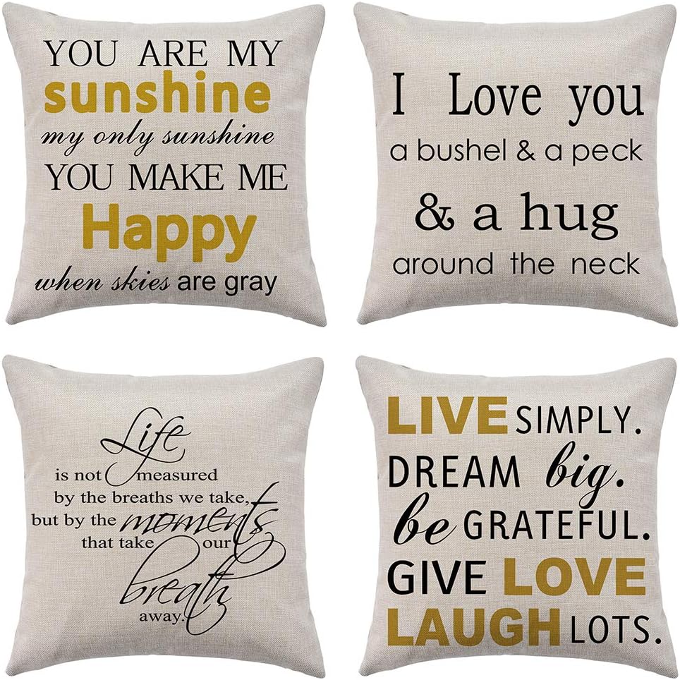 Throw Pillow Covers 18x18 Inch Set of 4 Faux Linen for Couch and Sofa, Inspirational Quotes You are My Sunshine Decorative Cushion Cases