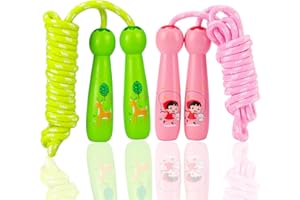 TCVENTS 2 Pack Jump Rope for Kids Ages 4-8 8-12, Adjustable Kids Jump Rope for Girls Boys, Skipping Fitness Rope for Toddlers, Wooden Handle Cotton Jumping Rope for Kids Outdoor Activity, Pink & Green B