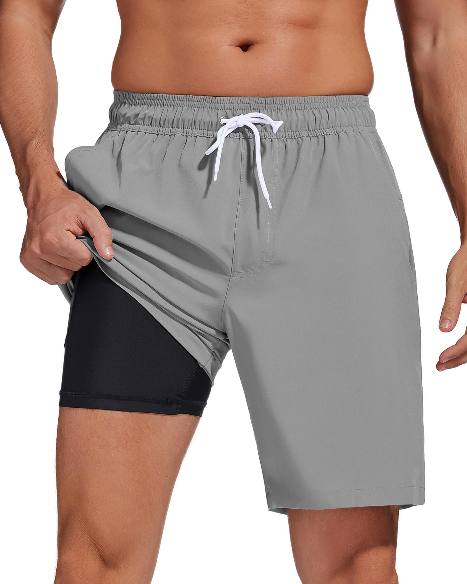 difficort Mens Swim Trunks Quick Dry Bathing Suit 9 inch Inseam Board Shorts with Compression Liner and Zipper Pocket,Light Grey,X-Large Image