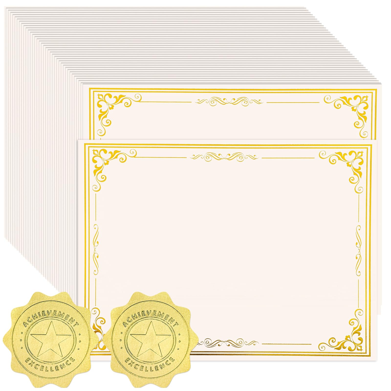 Photo 1 of 100 Sheets Certificate Paper with 100 Pcs Gold Seal Stickers, 8.5 × 11'' Printable Award Certificates for Graduation Marriage, Business Awards, Employee Recognition, Teacher Appreciation Certificates