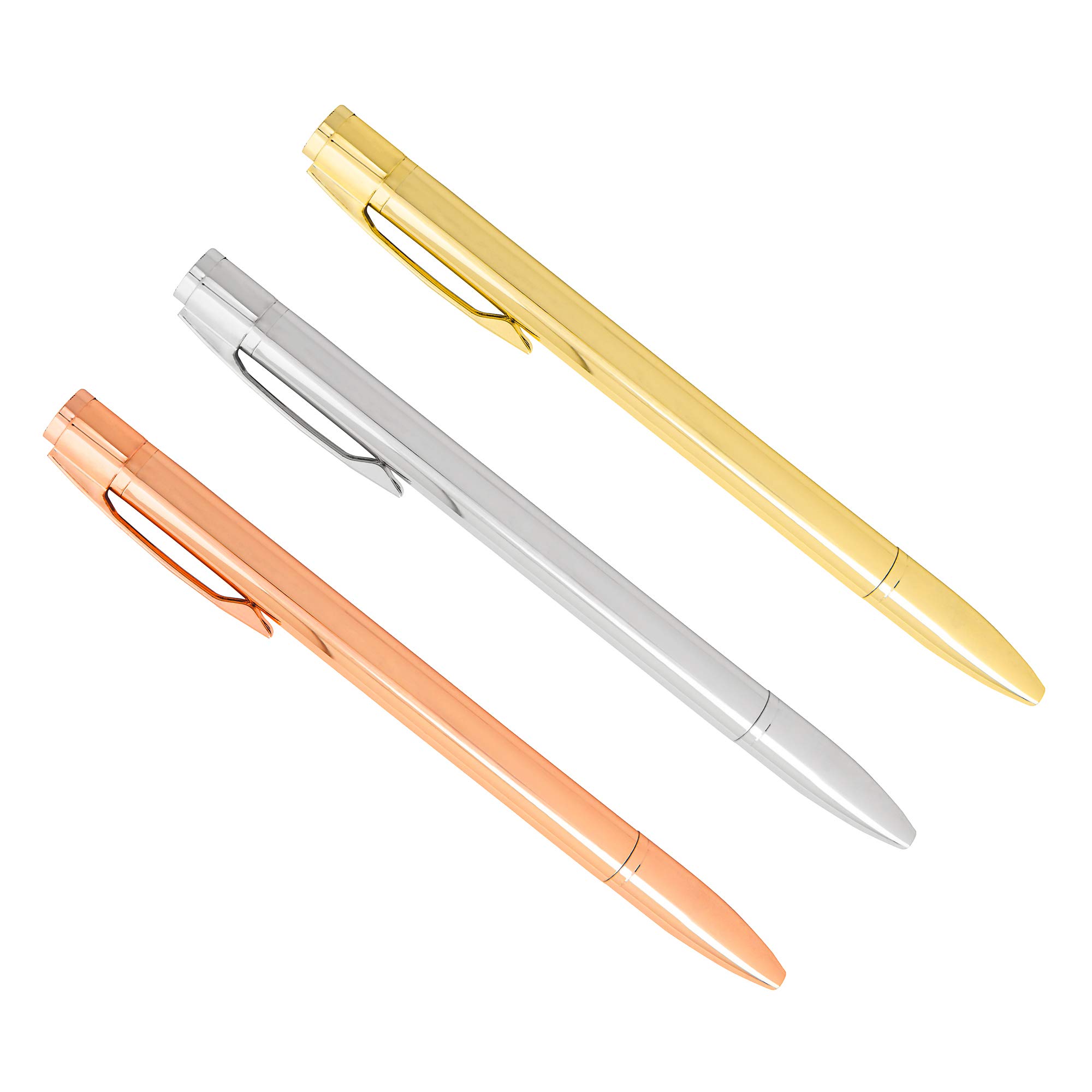 kikki.K Metal Twist Ballpoint Pens - Essential 3 Pack Plus Presentation Box - Rose Gold, Silver, Gold - Black Ink