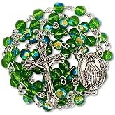 Nazareth Store Green Crystallized Glass Beads Rosary Necklace Holy Mary Medal & Cross Crucifix Handmade Christian Holy Rosary for Men and Women
