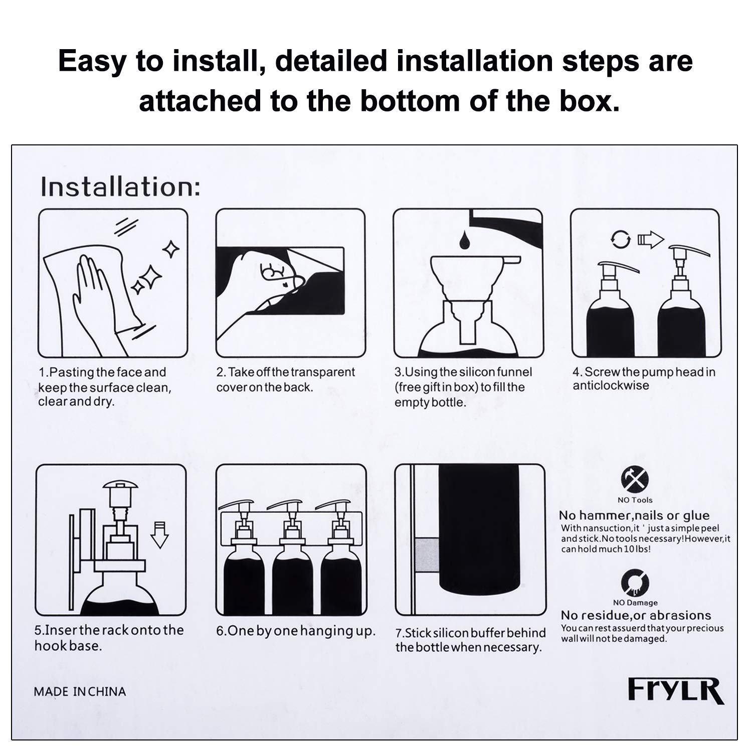 Frylr 3-Chamber Soap Dispenser (17.5 Oz) PET Plastic Bottles Water Resistant Sticker Without Drilling Wall Mount Shower Pump Dark Green Refillable Drip-Free