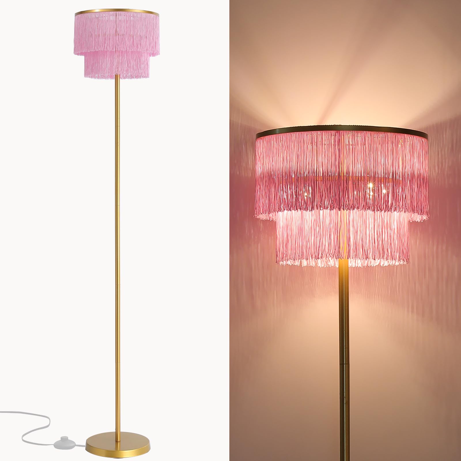 Photo 1 of YEPOLI 2 Light Gold & Pink Boho Floor Lamp with 2-Tier Tassels/Fringe Lampshade,66" Tall Mid Century Standing Bedroom Lamp,Soft Lighting Nursery Floor Lamp for Bedroom Livingroom